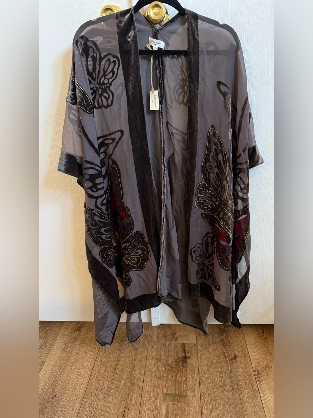 Black Velvet Burnout Fabric Butterflies Print Kimono Duster Top One Size